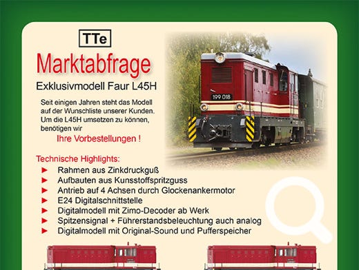 Teaserbild zur Marktabfrage 2026 der Diesellok Faur L45H in Spurweite TTe - Exklusivmodell mit Analog- und Digitalvarianten, erhältlich beim Modellbahn-Fachmarkt Plauen