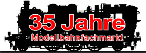 Logo Modellbahn-Fachmarkt Plauen – stilisierte Dampflok, Jubiläum 35 Jahre, Hinweis auf Exklusivmodelle 2025.